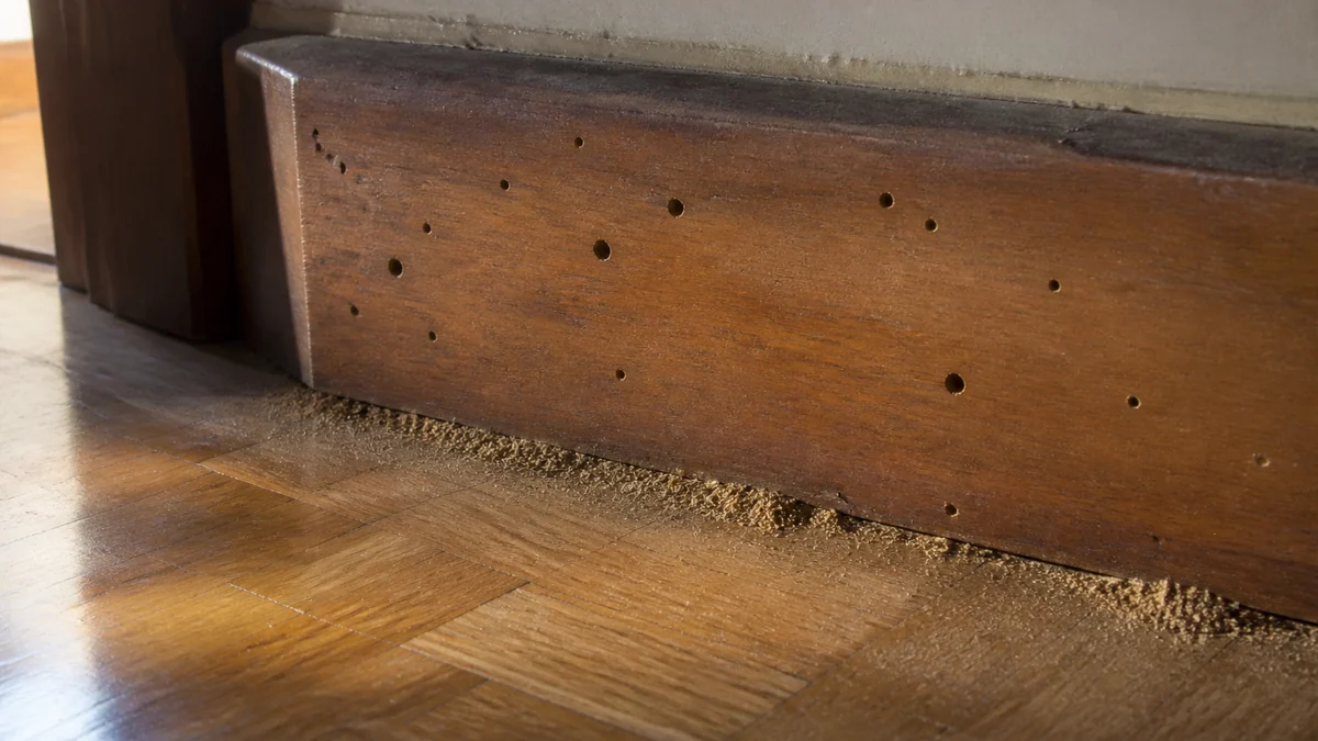 Pequeños agujeros y polvo fino sobre un parquet antiguo junto al zócalo