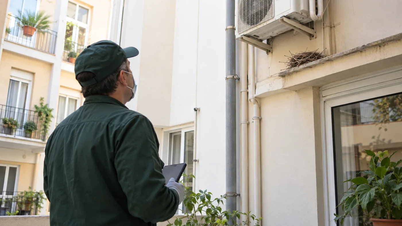 Técnico inspeccionando un nido de palomas vacío en un patio interior de Mataró