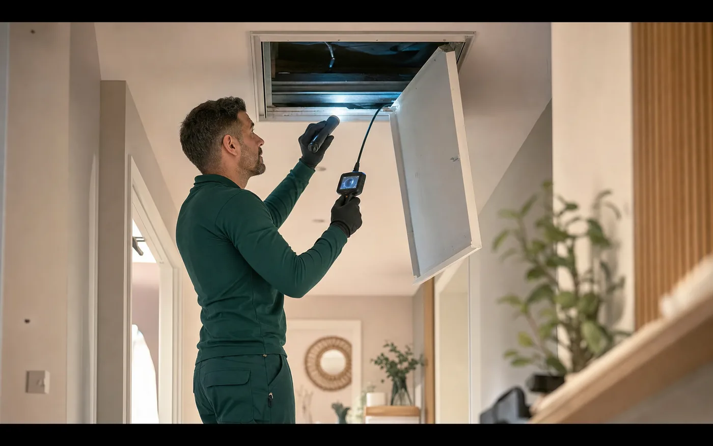 Técnico inspeccionando un falso techo por posibles roedores en una vivienda de Mataró